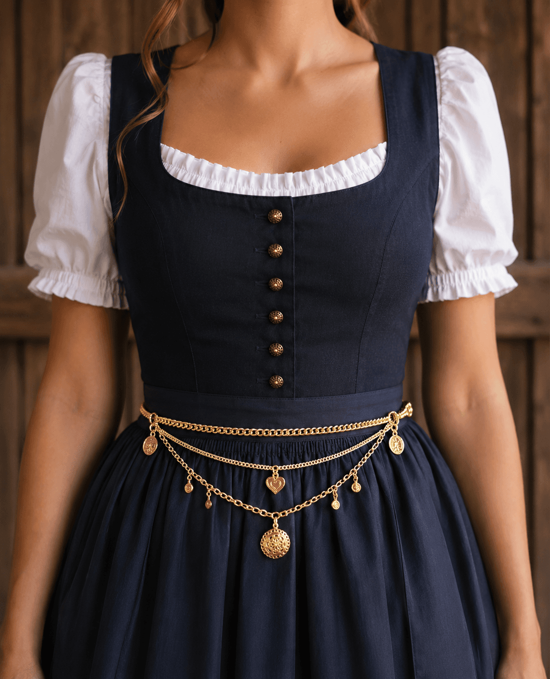 Dunkelblaues Dirndl mit weißer Bluse und einer dekorativen goldenen Kette mit Anhängern an der Taille.