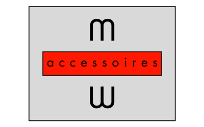 Logo mit schwarzem 'm' oben, rotem Balken mit 'accessoires' und einem schwarzen 'w' unten.
